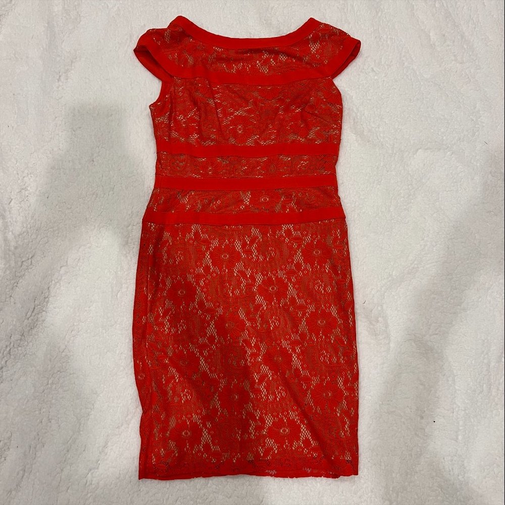 Red Adrianna Papell Lace Overlay Dress in Size S